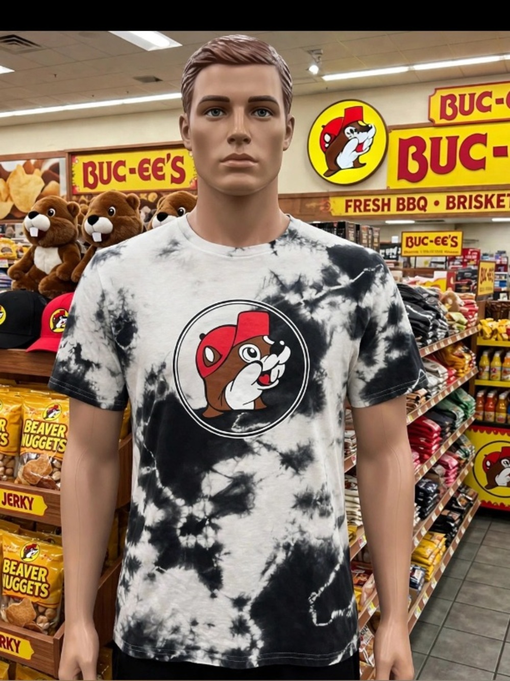 Buc-ee's I'm Just Here For The Snacks Black & White Tie Dye T-shirt Size Adult S